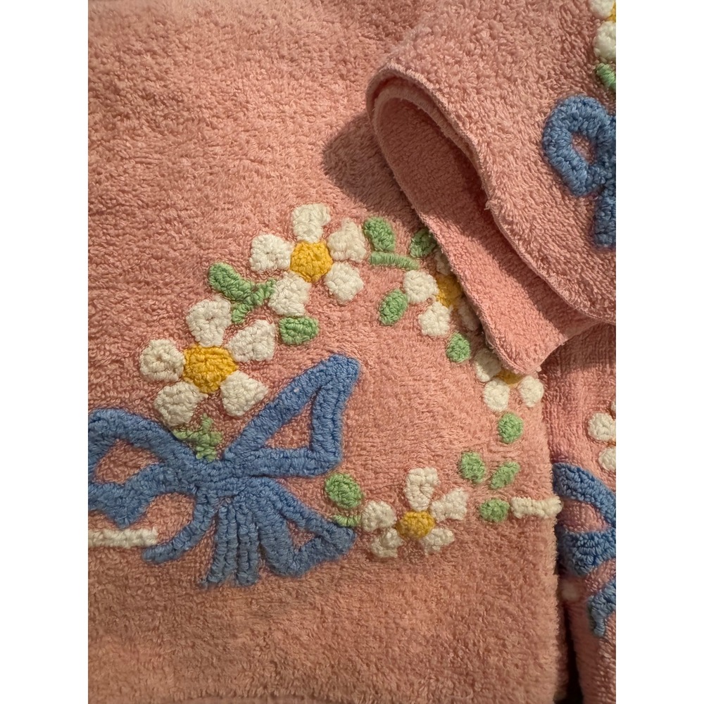 Cannon Pink Cotton Towel Set 4 Blue Bow Daisy Floral Embroidery Cottagecore Vtg - Picture 6 of 10